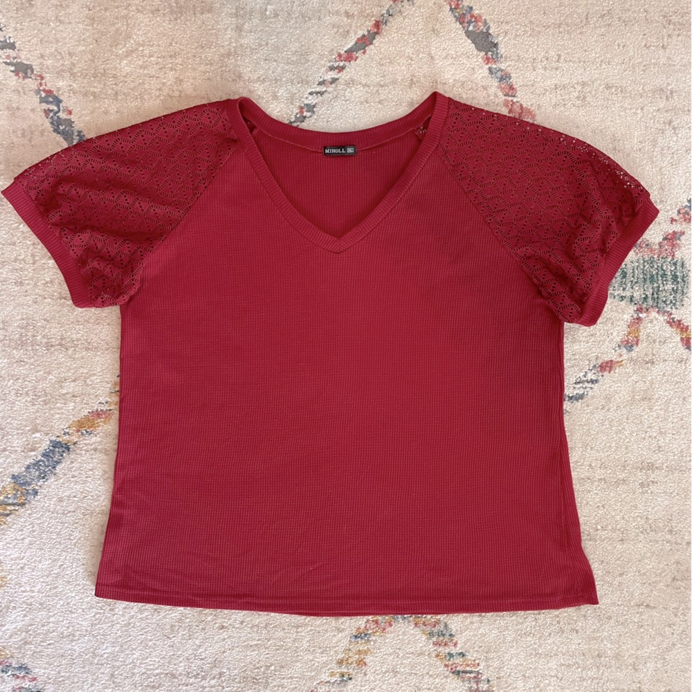 Lace Sleeve Rib Knit Burgundy Short Sleeve Top XXL